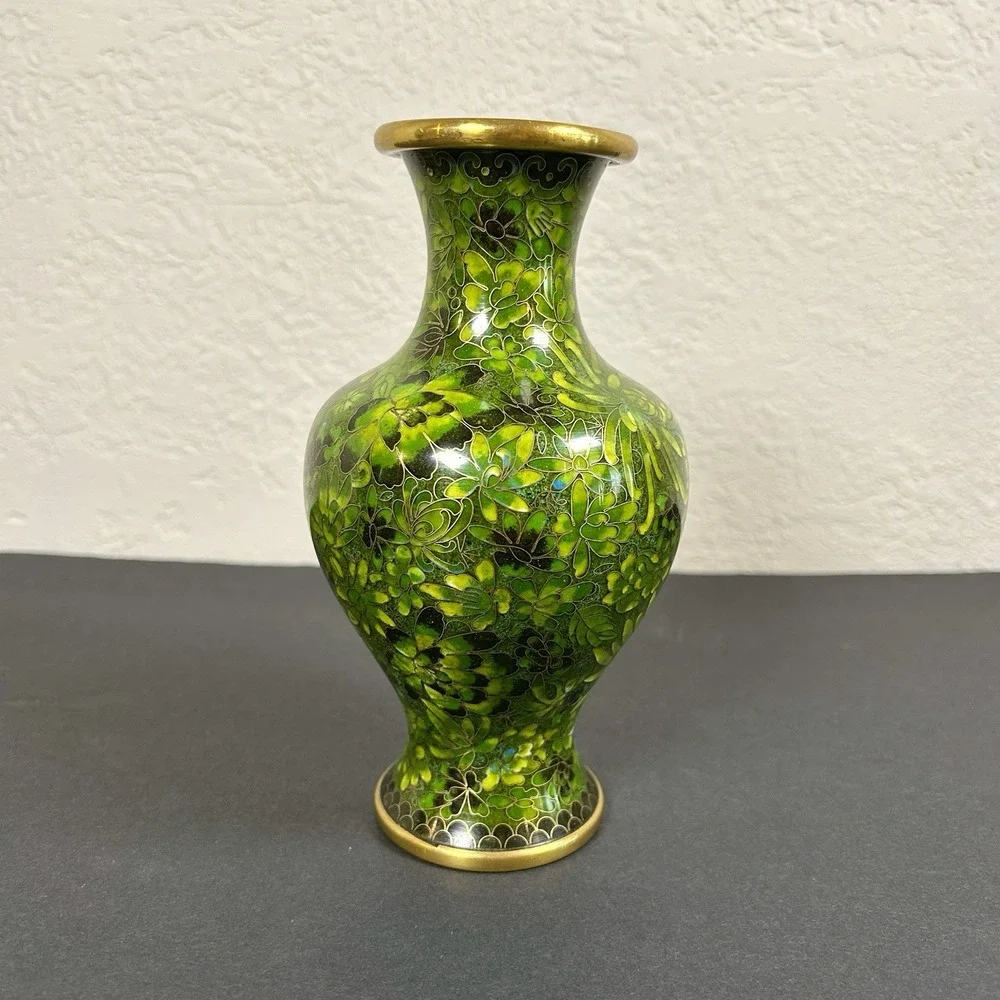 Vintage Chinese Cloisonné Emerald Green Floral Vase 7.5
